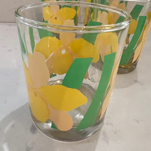 Vintage La Rue daffodil yellow and green lowball glasses set of 4 - Picture 4 of 10